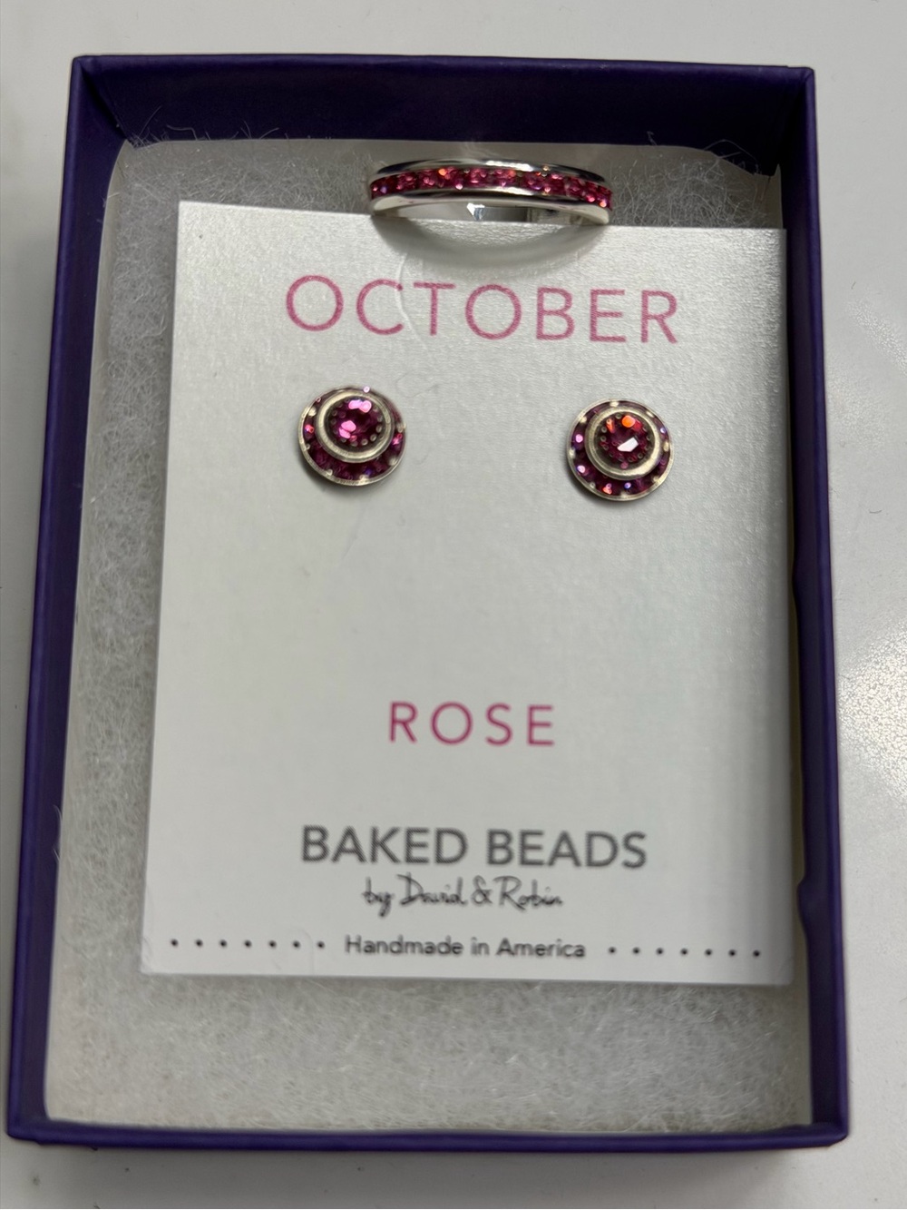 Baked Beads by David & Robin October Rose Pink Crystal Ring & Stud Earrings Set